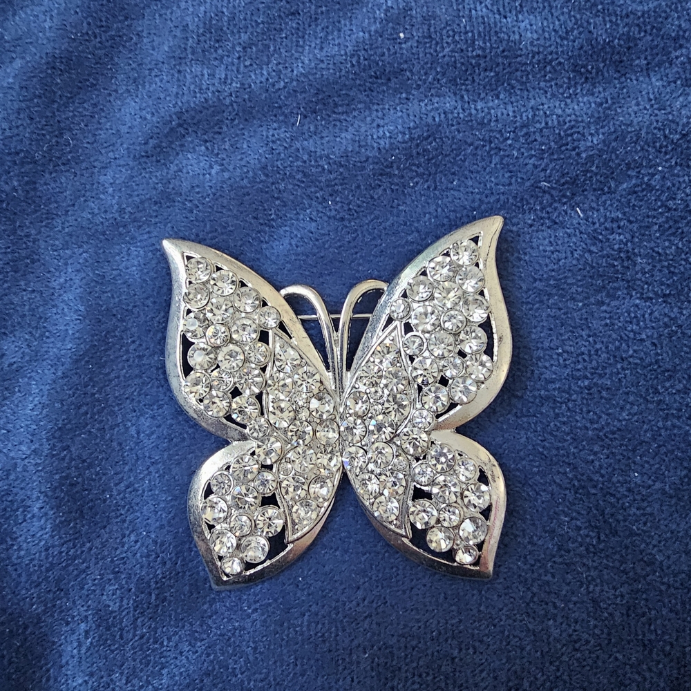 Elegant Silver Rhinestone Butterfly Brooch